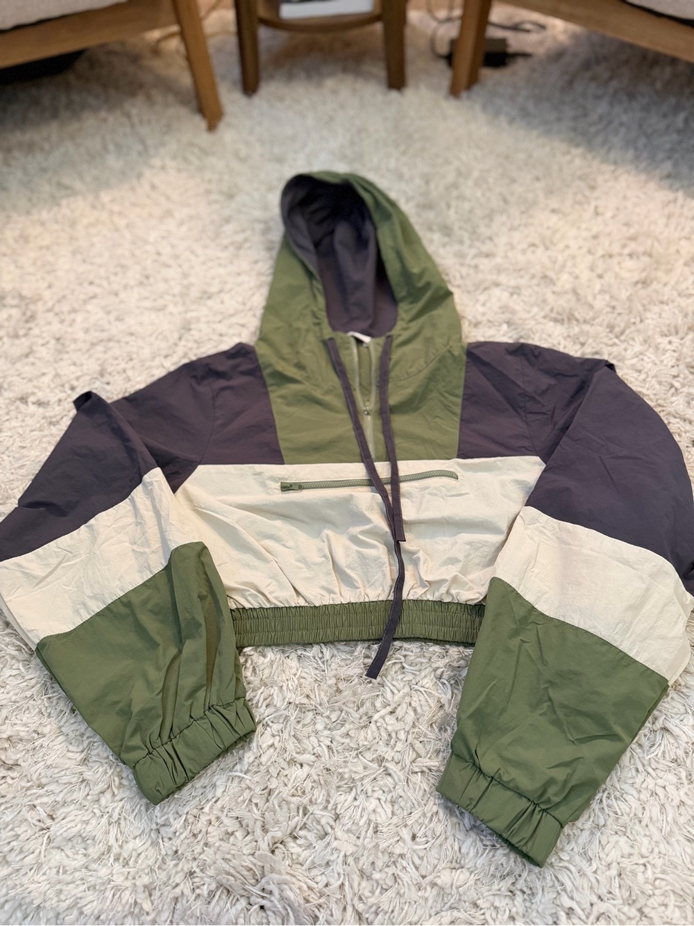 Cropped Colorblock Hooded Trench Coat - Olive/Black/Cream